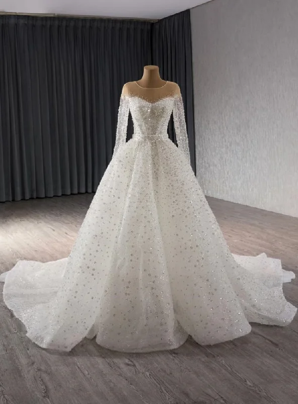 White Sequins Long Sleeve Mermaid Wedding Dress With Detachable Tail Tiered Wedding Dress