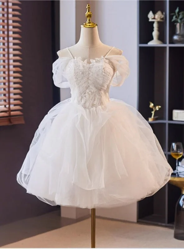 White Tulle Lace Spaghetti Straps Short Wedding Dress Illusion Lace Gown