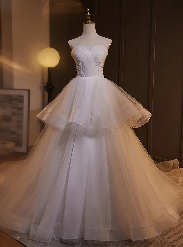 White Tulle Lace Strapless Pleats Wedding Dress Modern Wedding Gown