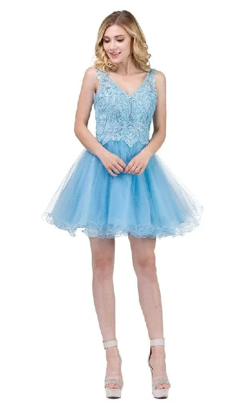 Dancing Queen - 3022 Lace Embroidered V Neck Cocktail Dress - 1 pc Sky Blue In Size 3XL Available Spring party dresses