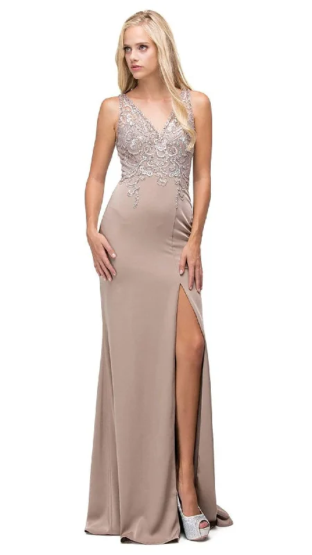 Dancing Queen - 9704 Cutout Illusion Back Beaded Bodice Evening Dress - 1 Pc. Tan in size Medium Available Maternity party dresses