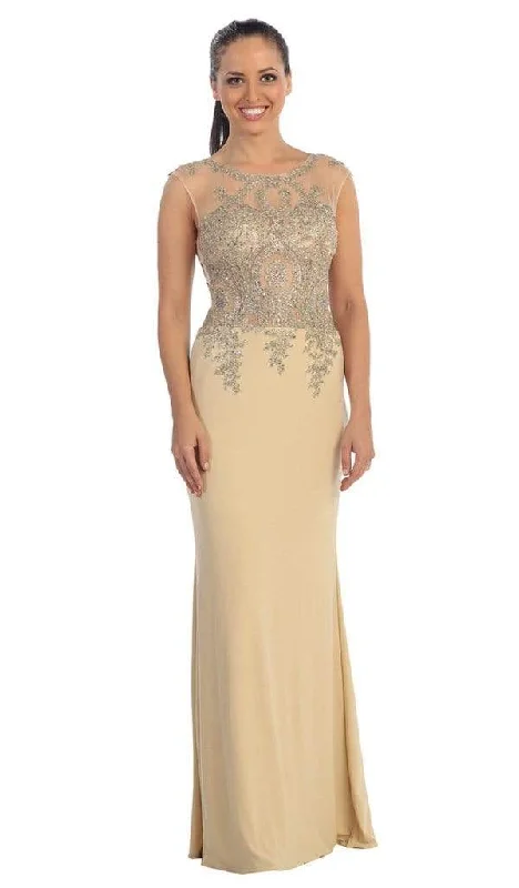 Dancing Queen - Sheer Cap Sleeves Gold Tone Lace Applique Gown 9173 - 1 Pc. Nude in size Medium Available Lightweight party dresses for summer