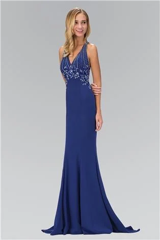 Elizabeth K - GL1337 Bejeweled V-neckline Sheath Gown Street style party dresses