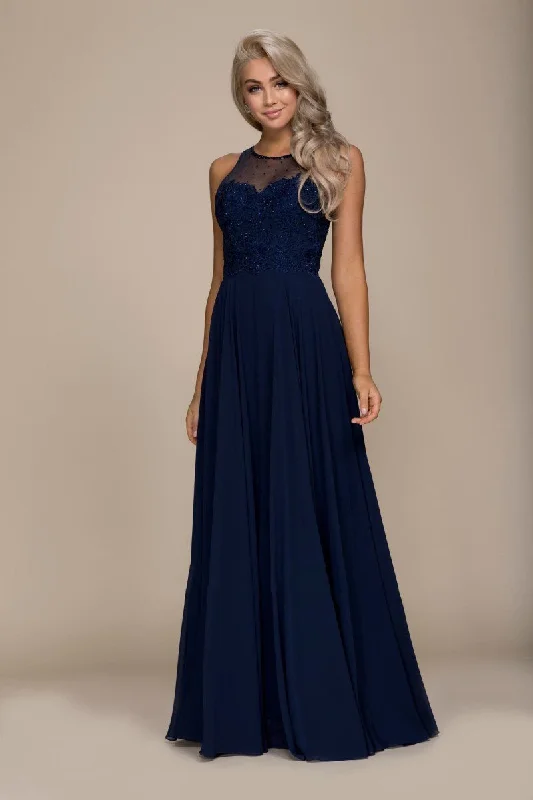 Nox Anabel Jeweled Lace Bodice Chiffon A-Line Evening Dress - 1 pc Navy Blue In Size L Available Boho party dresses