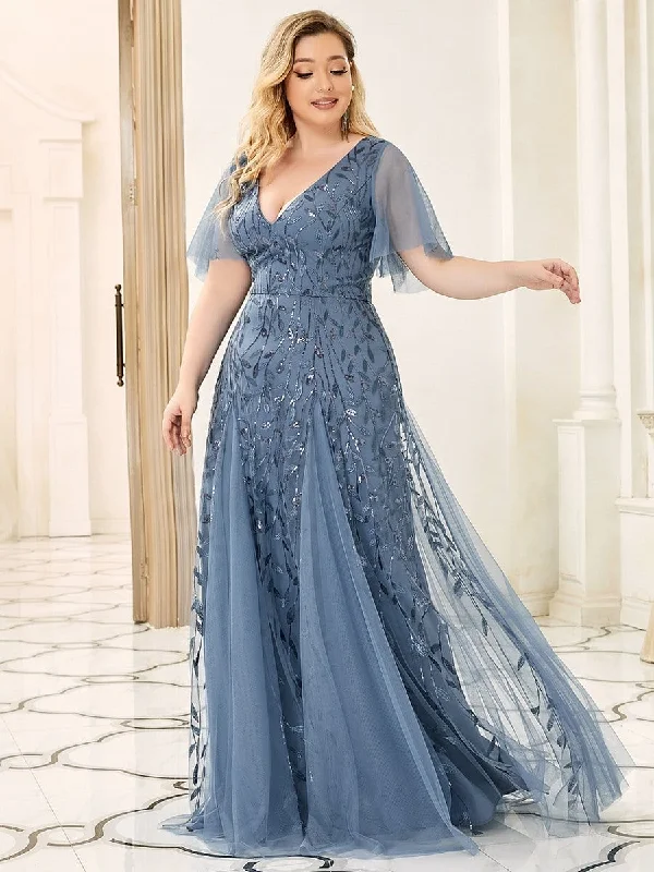 Plus Size Shimmery V Neck Evening Gowns with Ruffles Sleeves Urban Outfitters party dresses