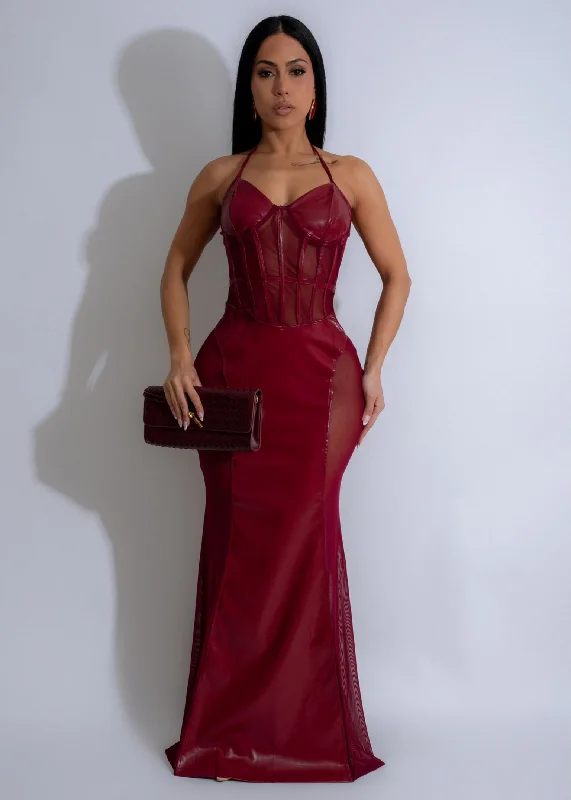 Eclipse Muse Mesh Faux Leather Maxi Dress Red Leather maxi dresses