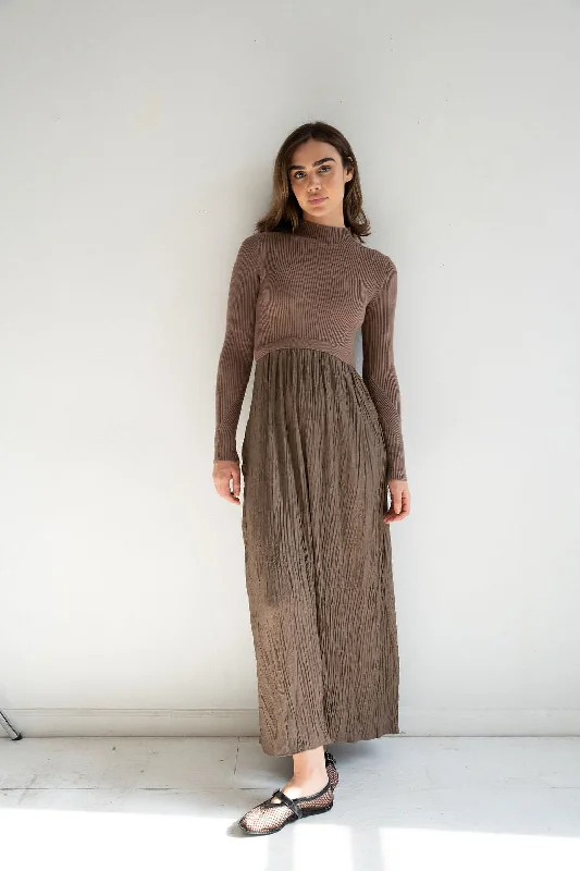 Taupe Knit Contrast Fabric Maxi Dress Sleeveless maxi dresses