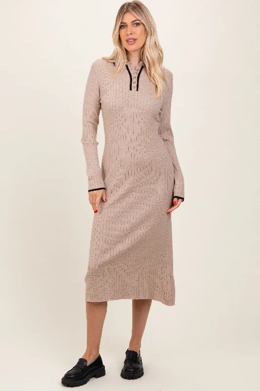 Beige Ribbed Contrast Trim Polo Midi Sweater Dress High-end midi dresses