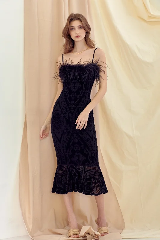 Black Feather Trim Crushed Velvet Mermaid Midi Dress Summer midi dresses