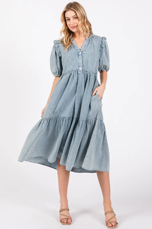 Blue Denim Button Front Short Sleeve Tiered Midi Dress Party midi dresses