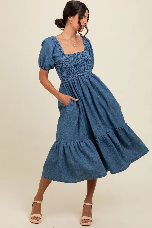 Blue Vintage Wash Chambray Smocked Midi Dress Long sleeve midi dresses