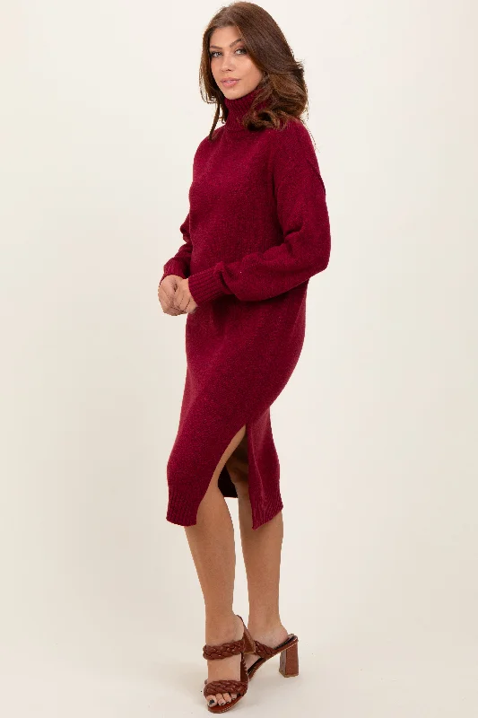 Burgundy Turtleneck Side Slit Midi Sweater Dress Elegant midi dresses