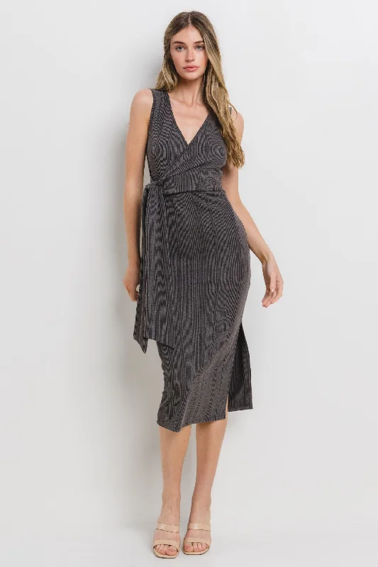 Charcoal Ribbed Wrap Midi Dress Hot new arrivals in midi dresses