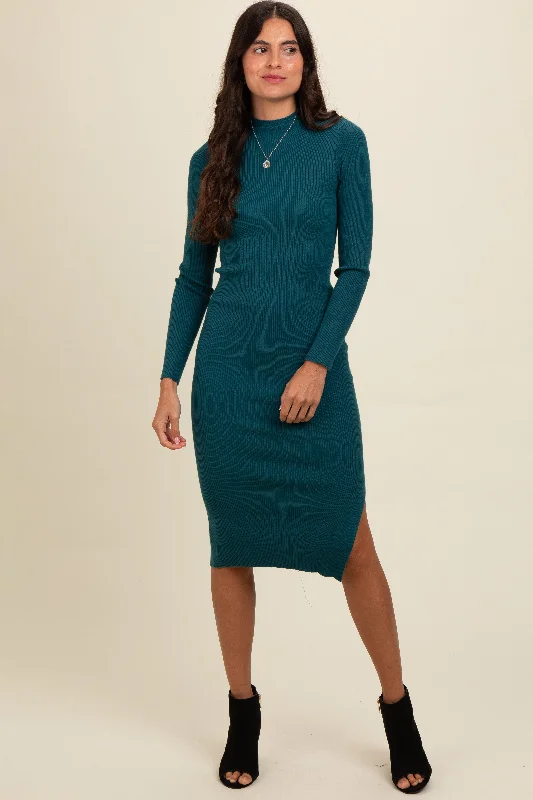 Deep Teal Ribbed Fitted Mock Neck Long Sleeve Midi Dress Cute floral print midi dresses