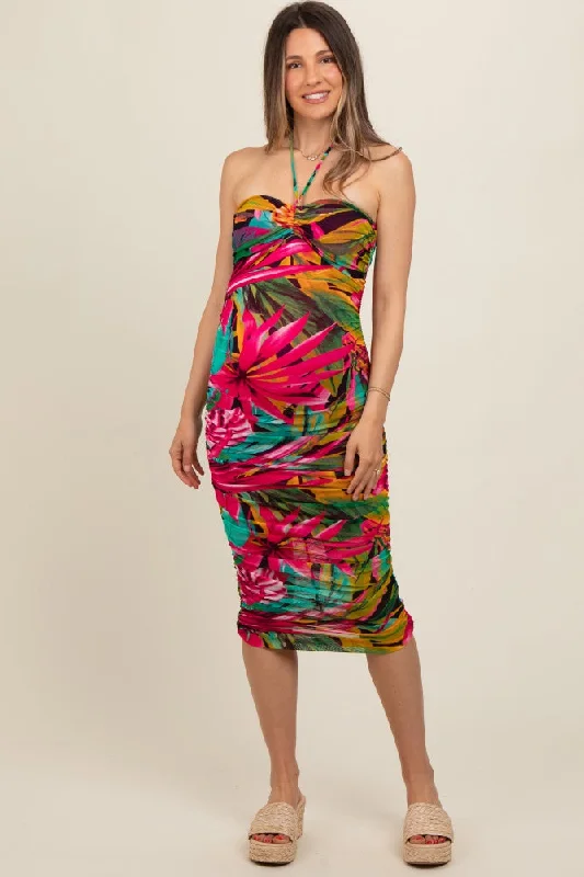 Fuchsia Tropical Halter Maternity Fitted Midi Dress Discounted midi dresses