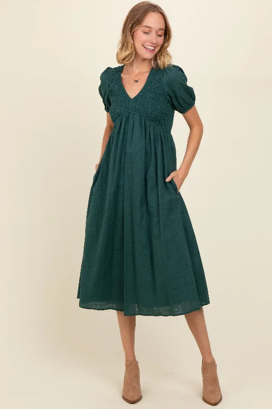 Green Smocked V-Neck Puff Sleeve Midi Dress Versatile midi dresses for all occasions