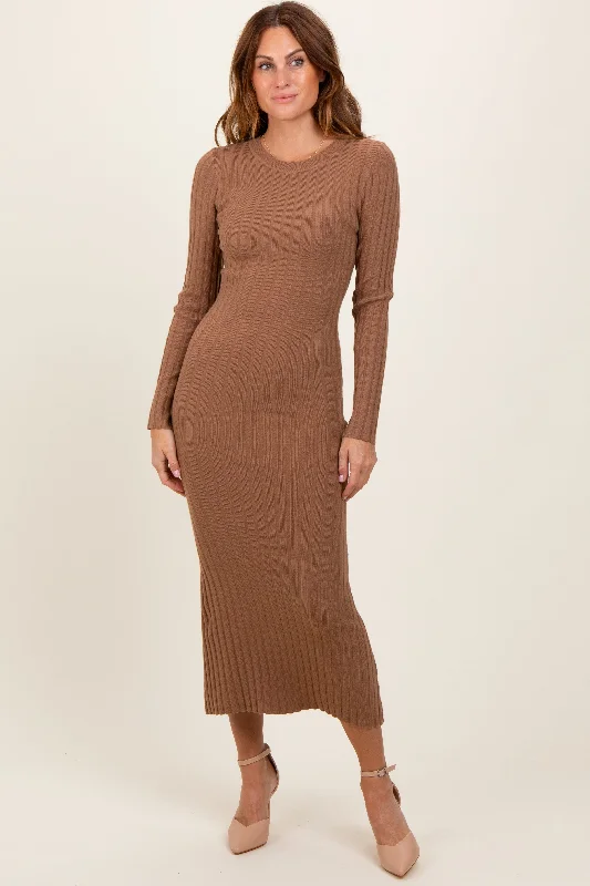 Mocha Ribbed Knit Fitted Midi Sweater Dress Satin midi dresses