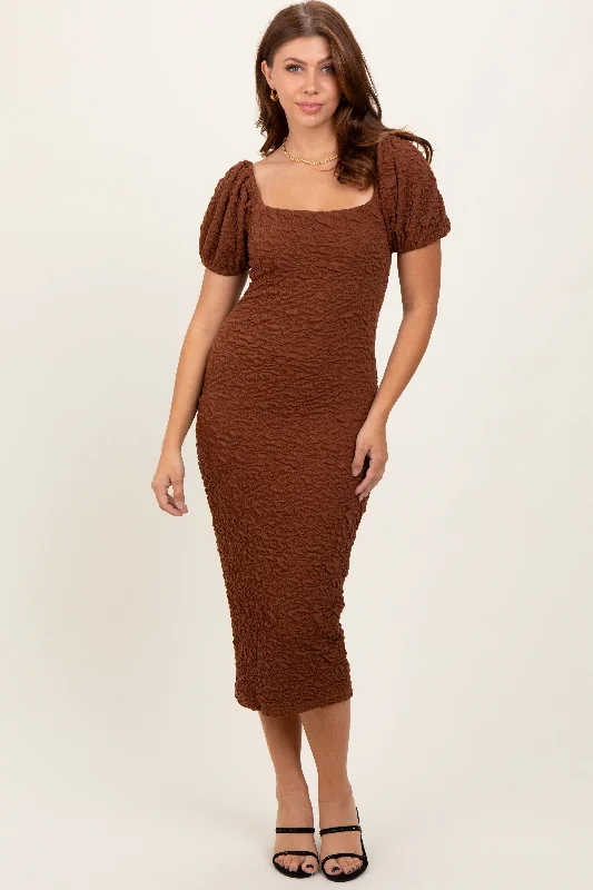 Mocha Textured Square Neck Puff Sleeve Midi Dress Expensive midi dresses