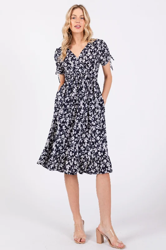 Navy Blue Floral Wrap Midi Dress Best midi dresses for date night