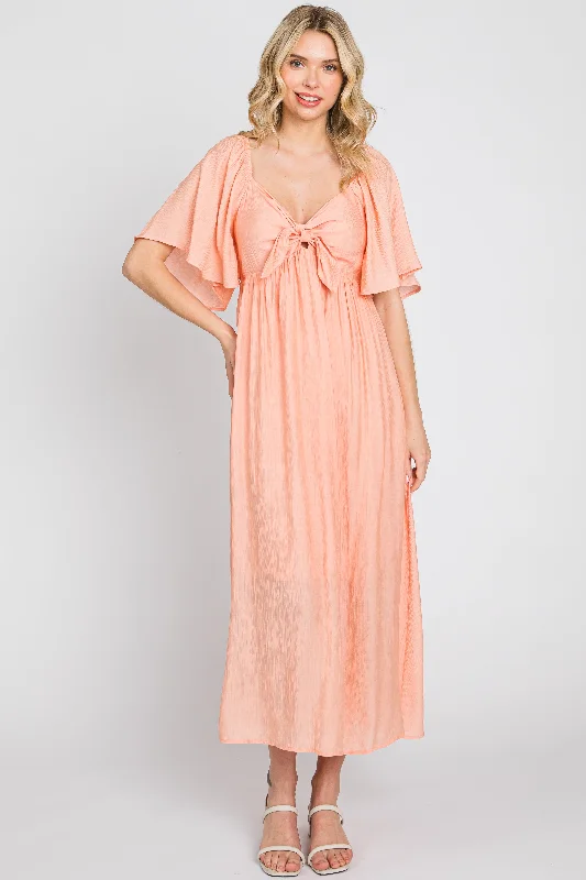 Peach Front Tie Ruffle Sleeve Midi Dress Best value midi dresses