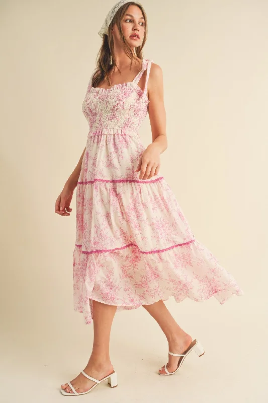 Pink Floral Sleeveless Ruffle Tiered Midi Dress Women's trendy midi dresses sale