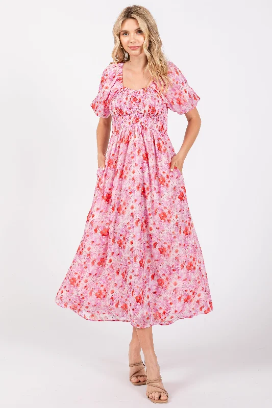 Pink Floral Smocked Sweetheart Neck Short Puff Sleeve Midi Dress Flattering midi dresses for all body types