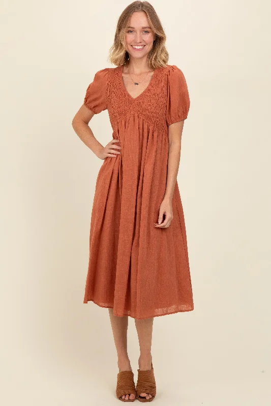 Rust Smocked V-Neck Puff Sleeve Midi Dress Best midi dresses for casual wear