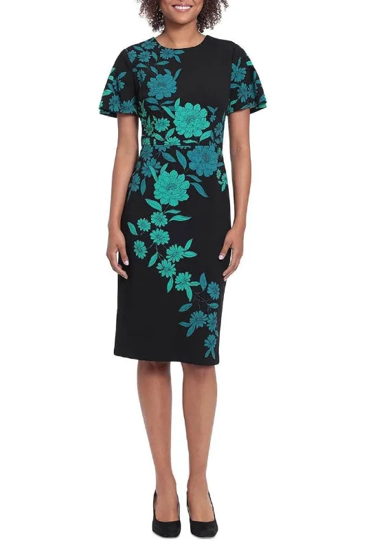 London Times T6384M - Floral Printed Knee-Length Dress Tiered floral dresses