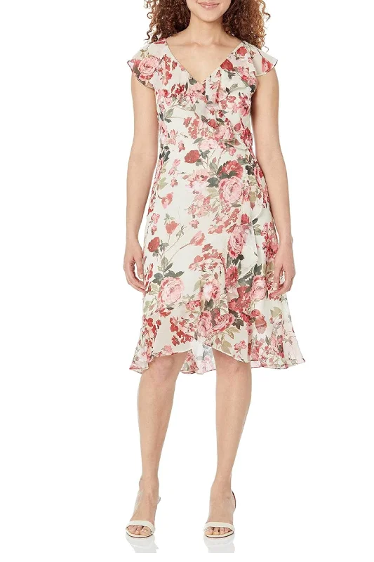 London Times T6739M - V-Neck Floral Dress Ruffled floral dresses