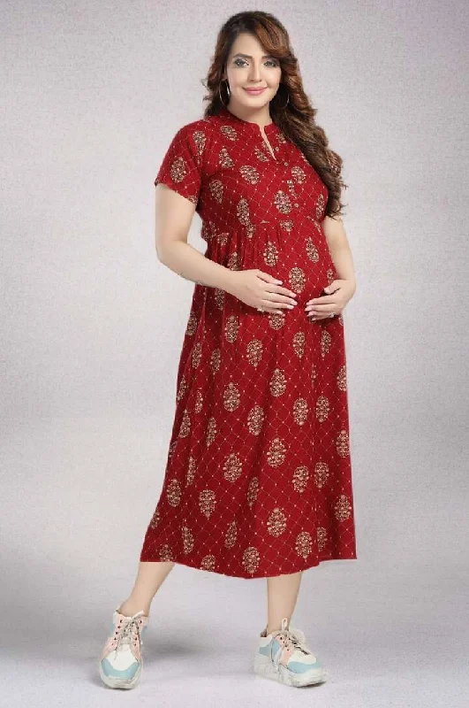 Maroon Foil Print Feeding Dress Women's trendy floral dresses sale