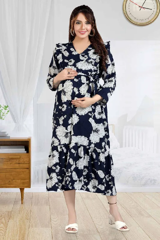 Navy Floral Ruffled Nursing Dress Best floral dresses for hourglass body shape