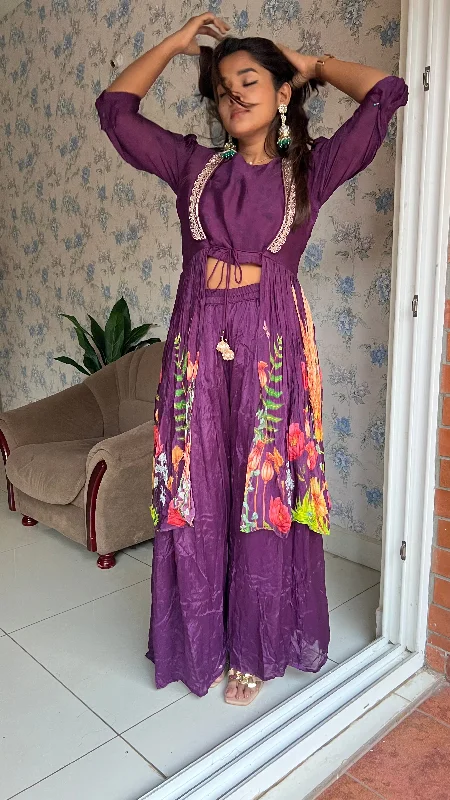 Purple chinnon floral embroidered 2 piece coord suit Zara floral dresses