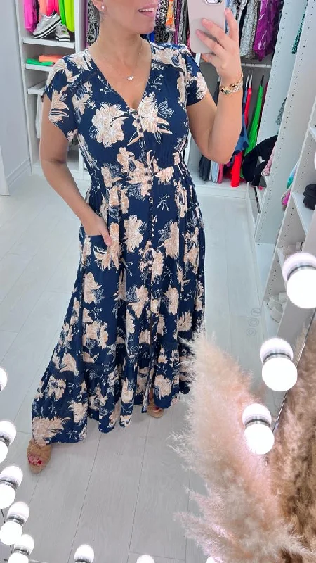 Lois Navy Floral Print Frill Hem Maxi Dress Summer Maxi Skirt