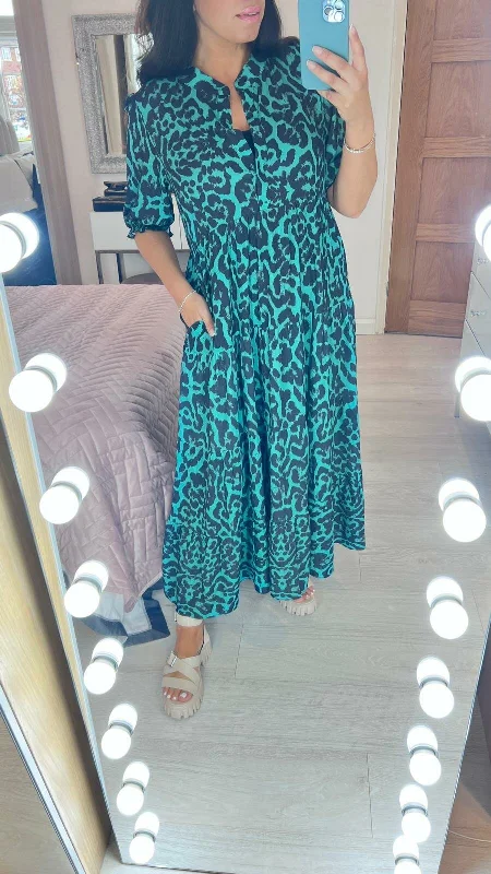 Lorri Jade Green Leopard Print Smock Maxi Dress Comfortable Maxi Skirt