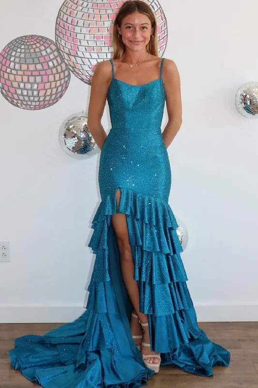 Mermaid Spaghetti Straps Rhinestone Ruffles Long Prom Dress with Slit Soft Maxi Skirt