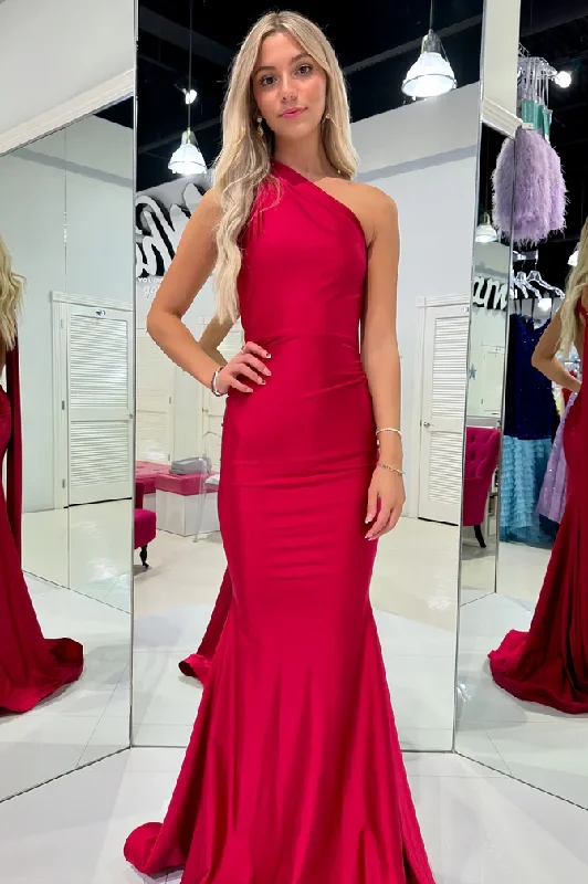 One Shoulder Red Mermaid Sleeveless Satin Long Prom Dress Ruffle Long Maxi