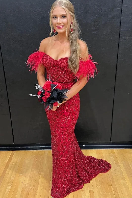 Red Off-Shoulder Mermaid Sequins Appliques Long Prom Dress with Feathers Bohemian Maxi Skirt