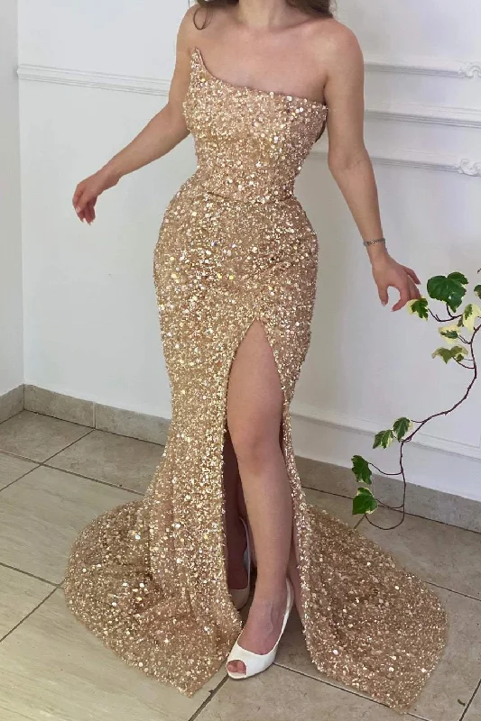 Sparkly Gold Strapless Mermaid Sequined Side Slit Long Formal Prom Dress Front Slit Skirt