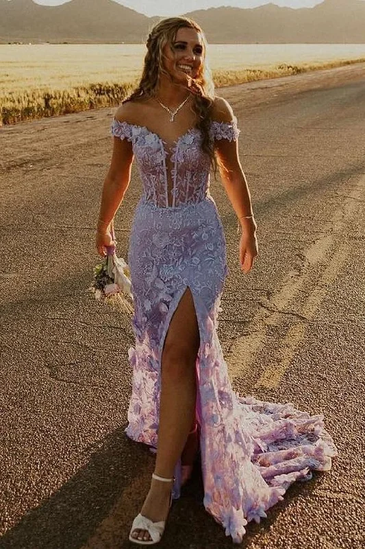 Stunning Off-Shoulder Lace Appliques Mermaid Long Prom Dress with Slit Button-front Maxi Skirt