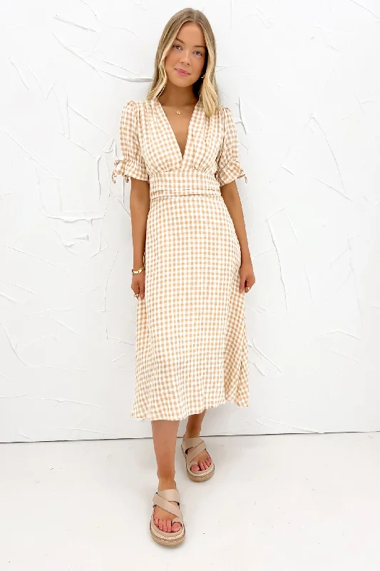 Aspyn Midi Dress Beige Check Silk Midi Skirt