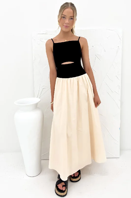 Dottie Midi Dress Black Beige Ribbed Midi Skirt