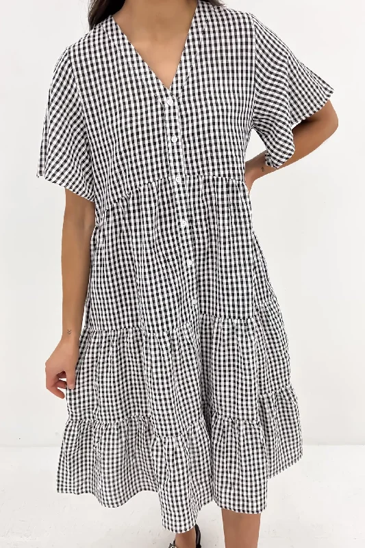 Kelis Midi Dress Black Gingham Ruffled Skirt Midi