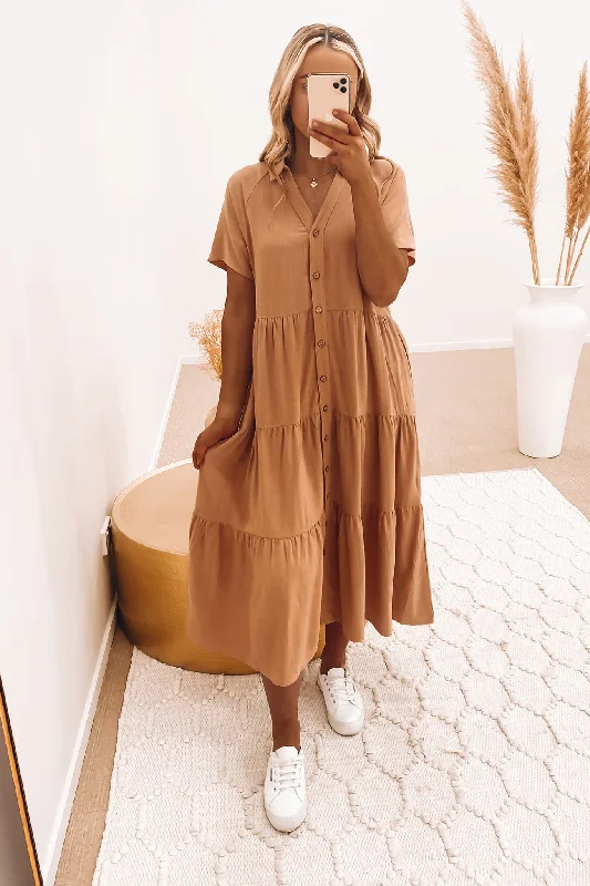 Little Paradise Midi Dress Tan Soft A-line Skirt