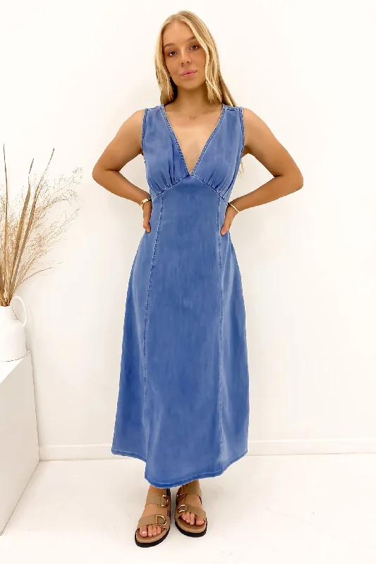 Miley Denim Midi Dress Mid Blue Front Button Midi