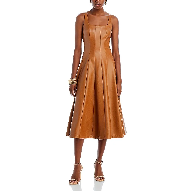 Womens Faux Leather Seamed Midi Dress Ruffled Midi Skirt