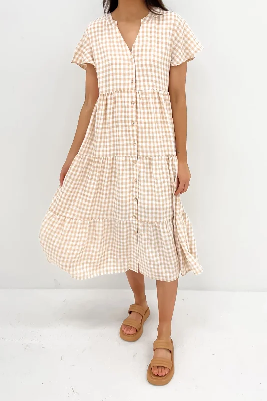 Zenny Midi Dress Latte Gingham Midi Skirt Print