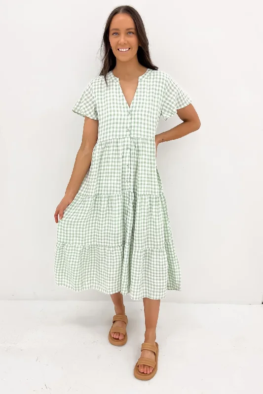 Zenny Midi Dress Sage Gingham Pleated Floral Midi