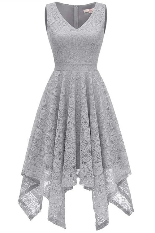 Asymmetrical Silver Lace Mother of the Bride Dress Lace Evening Dress