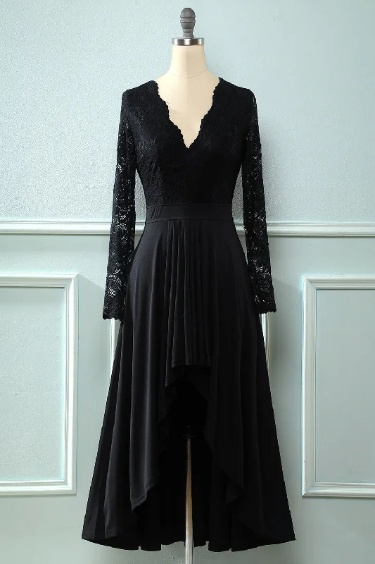 Black Lace Long Sleeves V Neck Hi-Low Mother of the Bride Dress Lace Dress Modern