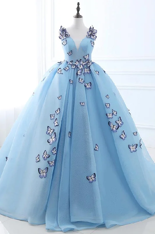 Blue Appliques Lace-Up Prom Evening Gowns Lace Dress Glow